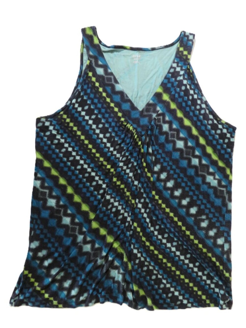 a.n.a Geometric Print V-Neck Pinch Pleat Tank Top Blue‎ Green 2X